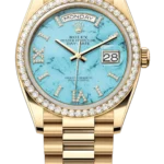 Rolex Day-Date 128348RBR Yellow Gold Diamond Bezel Turquoise Diamond Dial