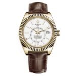 Rolex Sky-Dweller White Dial Automatic 18kt Yellow Gold Leather Strap 326138-0010