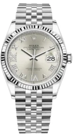 Rolex Datejust 36 Steel & White Gold Silver Diamond Pave Roman Dial Women's Watch M126234-0029
